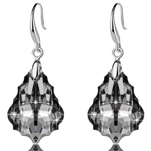 Silver with Charcoal Gray Austrian Crystal Baroque Dangling Drop Hook Earrings